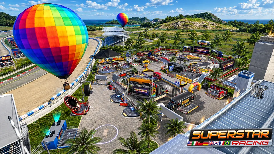 The Superstar Racing 2020 paddock from above, with hot-air balloons over the track.