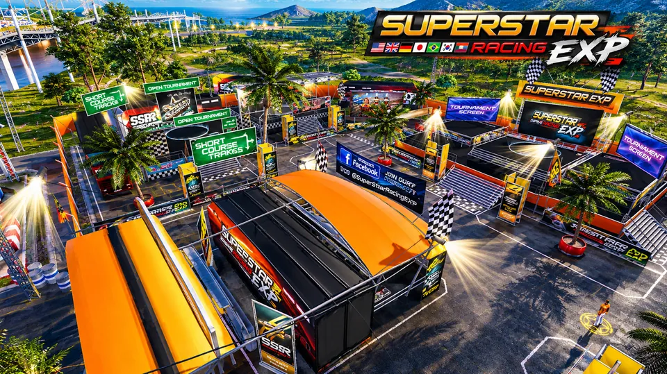 The Superstar Racing EXP paddock with orange domes and the tournament stage.